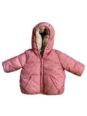 Pink Floral Quilted Hooded Baby Jacket- Reversible